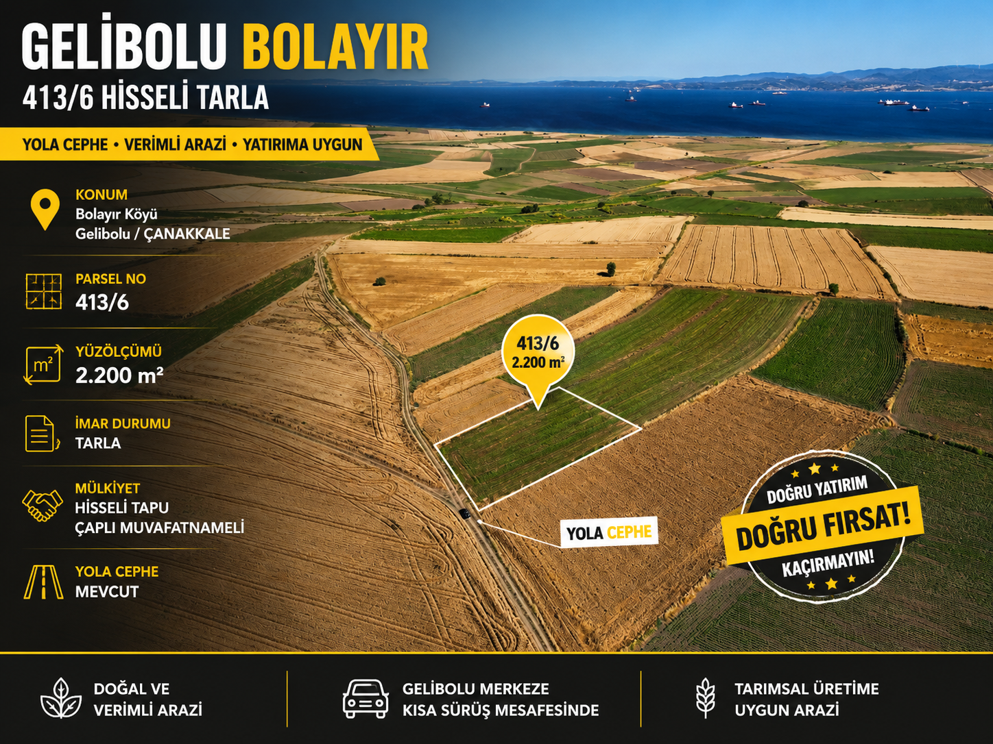 YİĞİT | BOLAYIR'DA 2.200 m² ÇAPLI MUVAFAKATLI HİSSELİ TARLA